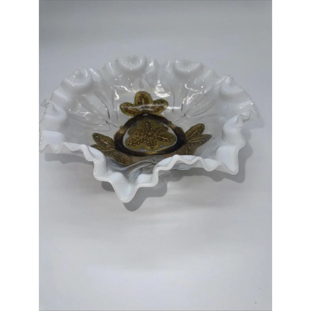 Northwood Dugan Glass Opalescent Crimped‎ Ruffle Footed & Goofus Gold Glass Bowl